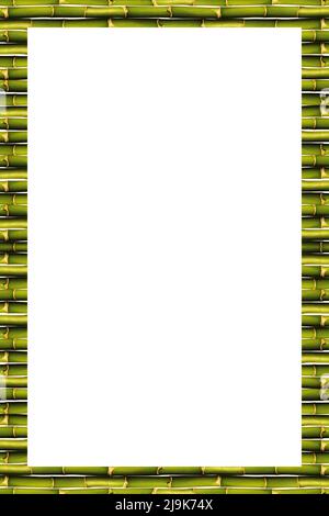 Rechteck leerer hölzerner und grüner Bambusrahmen, isoliert auf weißem Hintergrund Stockfoto