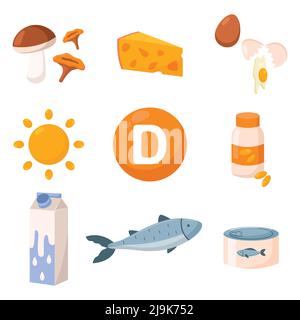 Gesundes Essen angereichert mit Vitamin D Vektor Illustrationen Set. Quellen von Vitamin D, Pilzen, Käse, Milch oder Joghurt, Fisch, Thunfischkonserven isoliert auf Stock Vektor