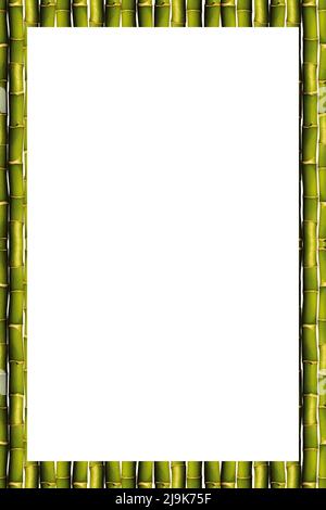 Rechteck leerer hölzerner und grüner Bambusrahmen, isoliert auf weißem Hintergrund Stockfoto