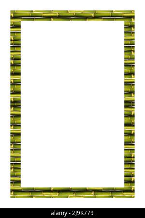 Rechteck leerer hölzerner und grüner Bambusrahmen, isoliert auf weißem Hintergrund Stockfoto