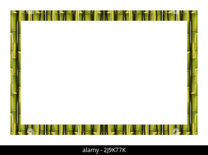 Rechteck leerer hölzerner und grüner Bambusrahmen, isoliert auf weißem Hintergrund Stockfoto