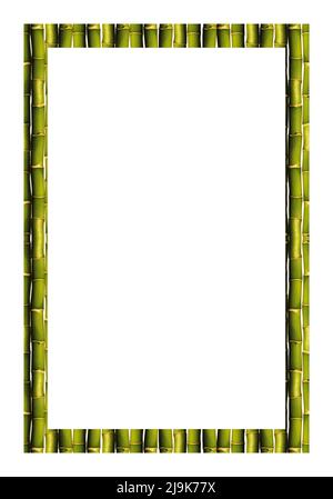 Rechteck leerer hölzerner und grüner Bambusrahmen, isoliert auf weißem Hintergrund Stockfoto