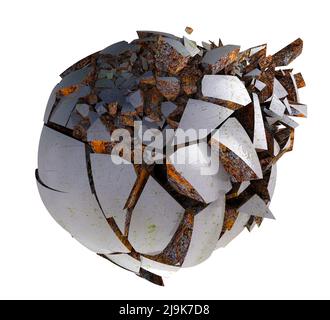 3D Rendering gebrochene geknackte Kugel. Gebrochene Form und Stein oder Zementkugel. Stockfoto