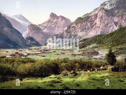 Kandersteg Dorf und Gemmipass, Berner Alpen, Bern, Schweiz 1890. Stockfoto
