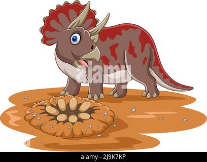 Cartoon Triceratops Dinosaurier mit Eiern auf dem Feld Stock Vektor