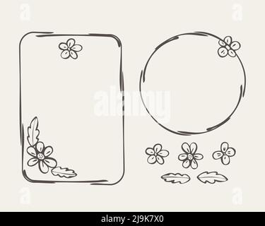 Set aus Rahmen und Blumen. Handgezeichnete Tuschestriche, Skizzenränder, Doodle-Linie, Kreis, Rechteck-Formen für Web-Karten, Scrapbookig, Einladungen. Muster Stock Vektor