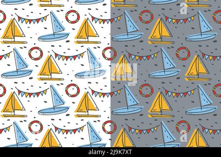 Doodle Tinte Linie nahtlose Muster. Hand gezeichnet Cartoon Stil Design Illustration, marine Leben Objekte, Symbole. Farbpalette: Blau, gelb, schwarz. Weiß Stock Vektor