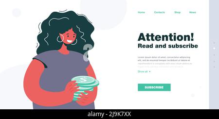 Frau, die einen Stapel goldener Münzen hält. Weibliche Zeichen Geld sparen flache Vektor-Illustration. Finanzen, Investitionen, Vermögenskonzept für Banner, Website Stock Vektor
