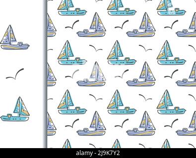 Doodle Tinte Linie nahtlose Muster. Hand gezeichnet Cartoon Stil Design Illustration, marine Leben Objekte, Symbole. Farbpalette in Blau, Beige und Schwarz. Weiß Stock Vektor