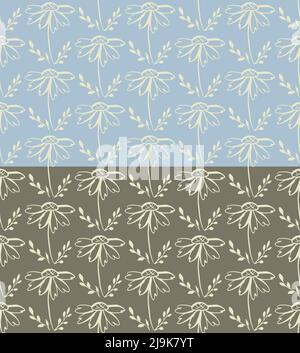 Nahtloses Muster mit Doodle-Kamille und Blumenmuster. Handgezeichnete Pinselstreichel, modernes Design, dekorative Blumenkunst Formen. Farbpalette für Erdtöne. Blau oder Stock Vektor