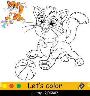 Cartoon nette lustige Katze spielt mit einem Ball. Malbuch Seite mit bunten Vorlage für Kinder. Vektor-isolierte Illustration. Für Malbuch, drucken Stock Vektor