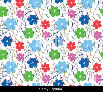 Florales, handgezeichnetes nahtloses Muster, tropische Blätter, einfache Blumensilhouetten, leuchtende Farbpalette in Regenbogenfarben. Weißer Hintergrund. Vektor Stock Vektor