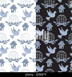 Peace Social Media-Symbole, monochromes nahtloses Muster. Taube, Haus, Planet, lässt Elemente in blaugrauer Farbpalette. Weiß oder Schwarz leicht bearbeitbar Stock Vektor