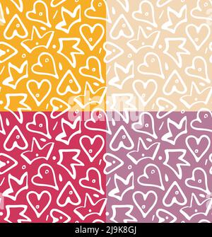 Krone, Herz formt Tintenbürste, monochromes nahtloses Muster. Dicke weiße Doodle Blob Pinsellinie. Handgezeichnete Zeichentrickskizze. Farbenfroh und einfach Stock Vektor