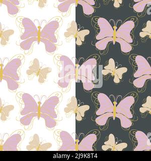 Schmetterling niedlichen Nahtloses Muster. Umriss gelb elegante Kontur Bild, lila rosa beige Farbpalette. Heller oder dunkler, leicht bearbeitbarer Farbhintergrund Stock Vektor