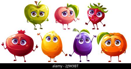 Niedliche Früchte- und Beerenfiguren lächeln. Komisch lustig Erdbeere, Apfel, Pflaume, Orange, Pfirsich, Granatapfel und Zitrone. Vektor-Cartoon-Set von glücklichen gesunden Lebensmitteln Emoji auf weißem Hintergrund isoliert Stock Vektor