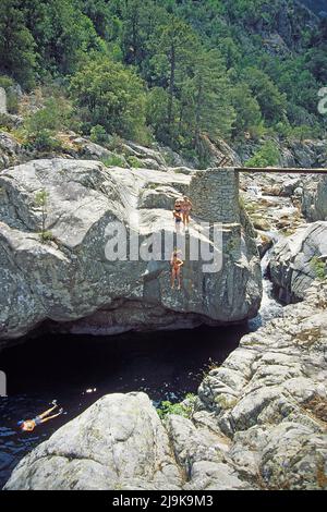 Cliff Jumper springen in einem Pool eines Baches, Wasserbecken im Asco-Tal, Korsika, Frankreich, Mittelmeer, Europa Stockfoto