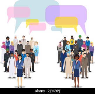Gruppe von kreativen Menschen und Sprechblasen isoliert auf weißem Hintergrund. Eine Gruppe von verschiedenen Geschäftsleuten, die zusammen stehen. Verschiedene Nationalitäten und Stock Vektor