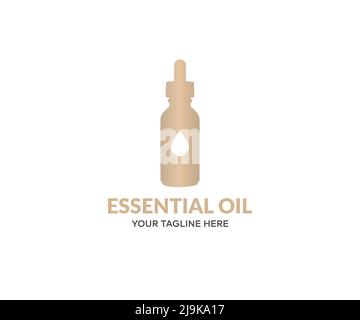 Ätherische Öle, Kosmetikartikel für Spa-Behandlungen Logo-Design. Transparente Flaschen ätherischen Öls mit frischem Kräuter-Vektor-Design. Stock Vektor