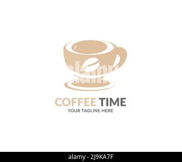 Coffee Time, schwarzer Kaffee in weißer Tasse mit Rauch- und Kaffeebohnen-Logo-Design. Kaffee-Schriftzug in Tasse, Mühle, Topf Formen Vektor-Design. Stock Vektor