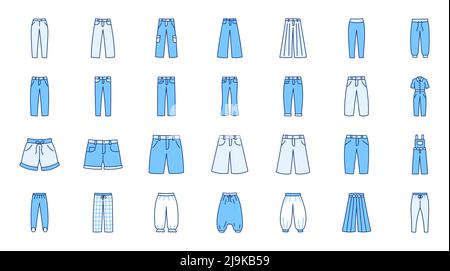 Kleidung Hosen Doodle Illustration mit Symbolen - Leggings, Buggy, Cargo, bermuda, capri, Steigbügel, aladdin, Schalwars, Hakama. Dünne Linie Kunst über Stock Vektor