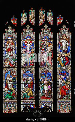 Ein Buntglasfenster von William Wailes, das die Passion Christi, St Peter and St Paul's Church, King's Sutton, Northamptonshire darstellt Stockfoto