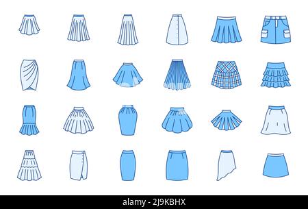 Kleidung Röcke Doodle Illustration einschließlich Symbole - Ladung, drapiert, gerored, plisse, Kilt, Blase, Bleistift, asymmetrischer Petticoat. Dünne Linie Kunst über Stock Vektor