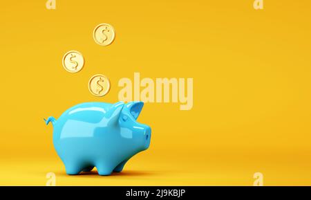 Blaues Sparschwein mit fallenden Dollarmünzen auf hellem Hintergrund Stockfoto