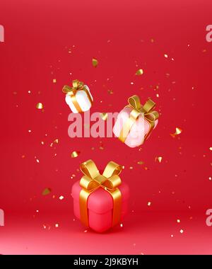 Rote, rosa und weiße Geschenkschachteln und goldene Konfetti fallen auf roten Hintergrund Stockfoto