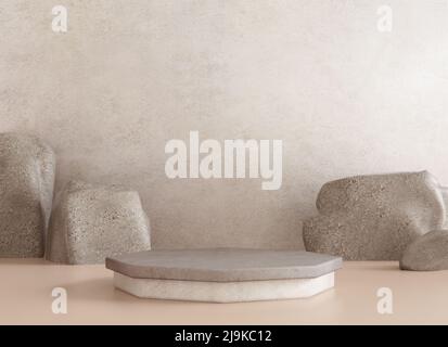 Minimal Stone Podium mit Felsen in einem inneren Szenenhintergrund für die Darstellung von Material in realistischen 3D Render Stockfoto