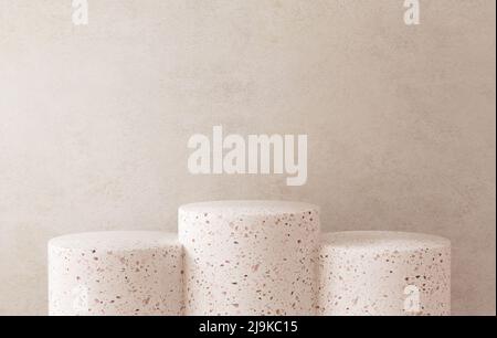 Drei Terrazzo Podium Plattformen auf einem Stein texturierten Wand Hintergrund für Zeug Anzeige in realistischen 3D Render Stockfoto
