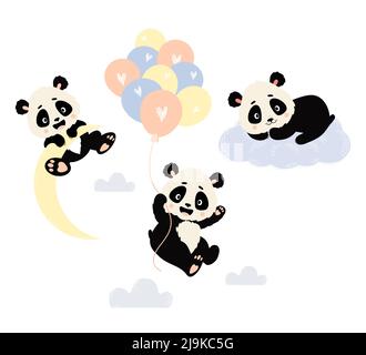 Set von niedlichen Panda-Zeichen. Panda fliegt auf Luftballons, liegt auf Wolken und hängt auf dem Mond. Vektorgrafik. Niedliches Tier im skandinavischen Stil für Stock Vektor