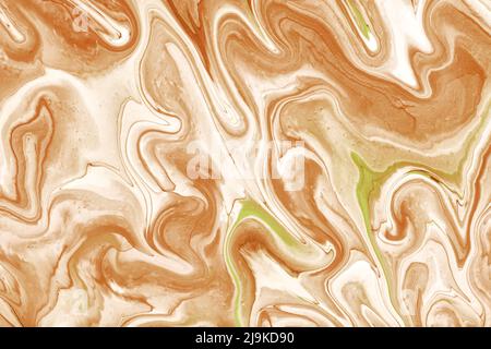 Abstrakte fließende Kunst Hintergrund hellbeige und weiße Farben. Flüssiger Marmor. Acrylmalerei auf Leinwand mit braunen Linien und Farbverlauf. Hintergrund mit Tinte verknüpfen Stockfoto
