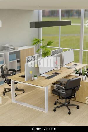 Moderner offener Arbeitsplatz im Büro mit pc-Computer und Zubehör auf Schreibtisch, Bürostühlen und Einrichtung. Inneneinrichtung des Büroraums. 3D Rendering, 3D i Stockfoto