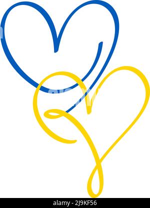 Blaue und gelbe Kalligraphie zwei Liebhaber Ukraine Herzen. Handgezeichnetes Symbol Logo Vektor Familie valentinstag. Dekor für Grußkarte, Becher, Fotoüberzüge Stock Vektor