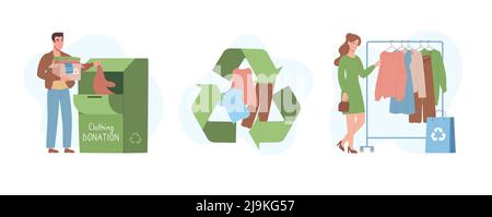 Recycling von Textilien, Öko-Konzept. Menschen geschickt, um gebrauchte Kleidung zu recyceln, um umweltfreundliche Mode zu schaffen. Das Mädchen wählt natürliche Kleidung aus recycelten Stoffen. Vektorgrafik in flacher Karikatur. Stock Vektor