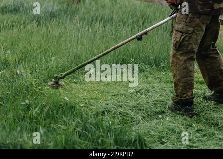 Ein Mann mäht das Gras auf dem Rasen mit einem Rasenmäher. Heimwerkerbedarf. Hochwertige Fotos Stockfoto