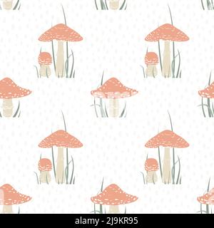 Nahtloses Muster mit Zeichentrickfliege agaric. Roter giftiger Pilz Hintergrund. Tapete, Druck, Verpackung, Papier, Textildesign. Vektorgrafik. Stock Vektor
