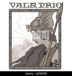 Valkyrie, Illustration zur skandinavischen Mythologie, gezeichnet im Jugendstil Stock Vektor