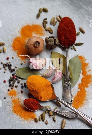 Kräuter und Gewürze Wandkunst. Nahaufnahme von Kurkuma, Nelke, Pfefferkörner, Chili, Paprika und Knoblauch auf texturiertem Hintergrund. Stockfoto