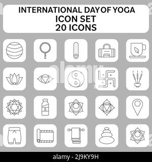 Illustration Des International Yoga Day 20 Ikone In Thin Line Art. Stock Vektor