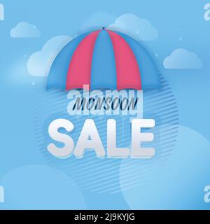 Monsoon Sale Poster Design Mit Regenschirm Auf Blue Clouds Hintergrund. Stock Vektor