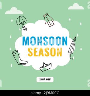 Monsoon Season Sale Poster Design Mit Linearem Regenschirm, Regenmantel, Stiefel, Papierboot, Drops Auf Weißem Und Grünem Hintergrund. Stock Vektor