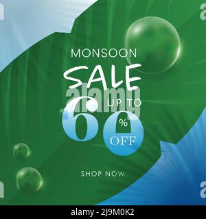 Monsoon Sale Poster Design Mit 60% Rabatt Auf, Bubbles At Banana Leaf Über Blue Water Hintergrund. Stock Vektor