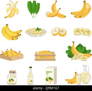 Symbole für Bananenfrüchte. Ganze Früchte, geschält, halb geschnitten und in Scheiben auf Teller und Blätter geschnitten. Saft in der Flasche und Verpackung, Krug und Glas, Marmelade im Glas und Obstbündel in der Box. Süßes Essen. Vektorgrafik flach Stock Vektor