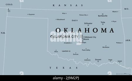 Oklahoma, OK, graue politische Landkarte, mit der Hauptstadt Oklahoma City und den wichtigsten Städten. US-Bundesstaat in der Region South Central Stockfoto