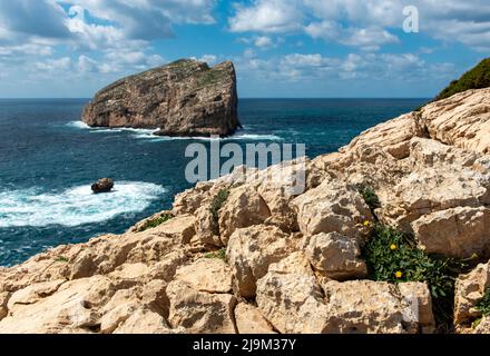 Blick auf die Insel Foradada vom Belvedere La Foradada, Capo Caccia, Alghero, Sardinien, Italien Stockfoto