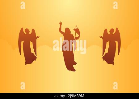 Jesus Christus erhebt sich mit zwei Engeln in den Himmel. Vektor-Illustration „Happy Ascension Day“ Stock Vektor