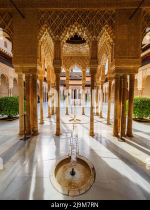 Löwenhof im Nasriden-Palast-Komplex - Alhambra-Komplex - Granada, Spanien Stockfoto