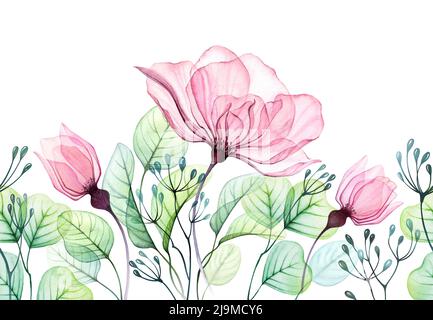 Aquarell Rose nahtlose Grenze. Abstraktes Blumenarrangement aus rosa Blüten, Knospen und Eukalyptusblättern. Transparente handgezeichnete Illustration für Stockfoto